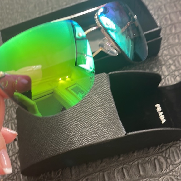 Prada Rimless Aviator Sunglasses Green Mirror Flash #SPS 52R - Picture 4 of 9